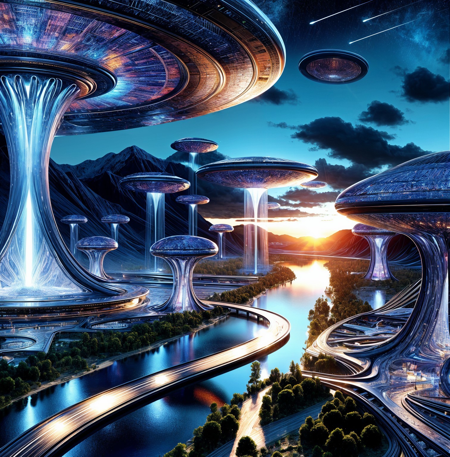 Futuristic Landscape with Sleek Structures and Sunset