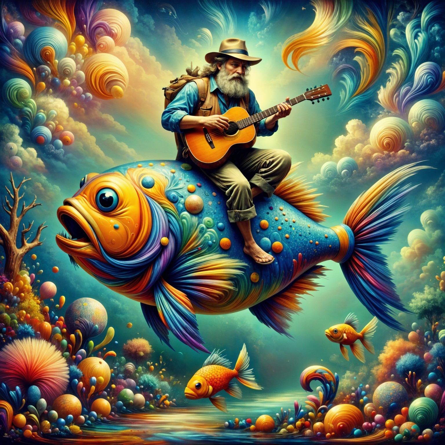 Elderly Man on Colorful Fish in Vibrant Underwater Scene