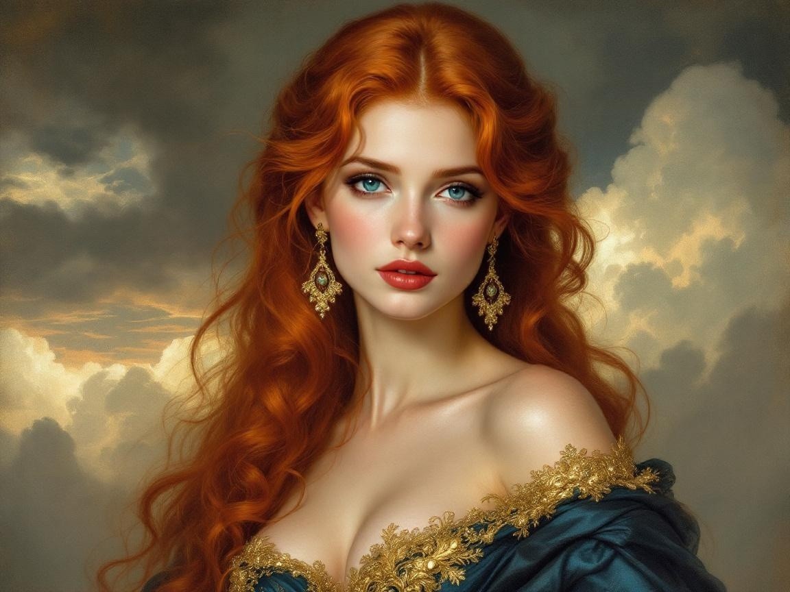 Portrait of a woman with red hair in blue gown