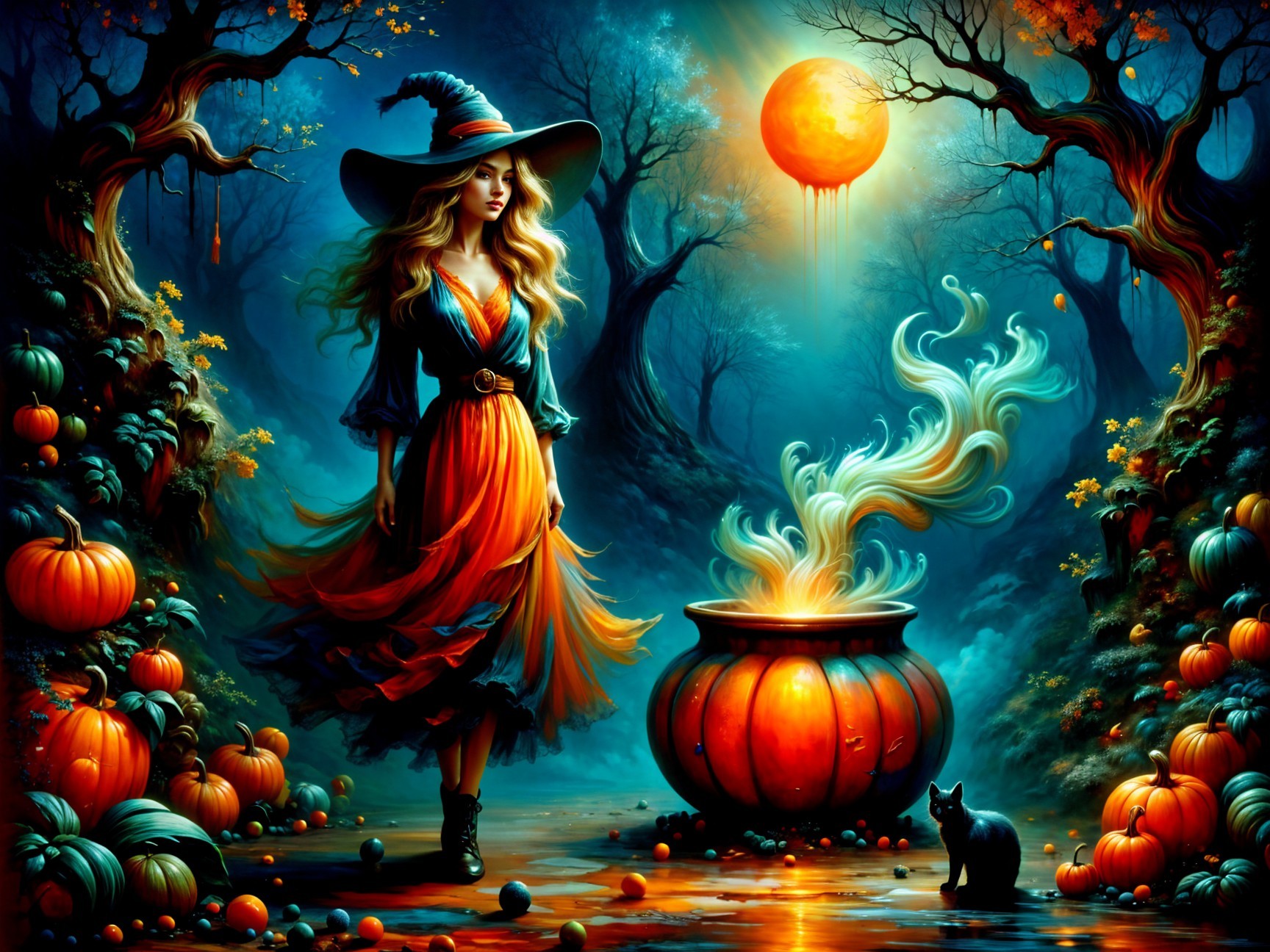 Mystical Witch in Enchanted Forest at Sunset