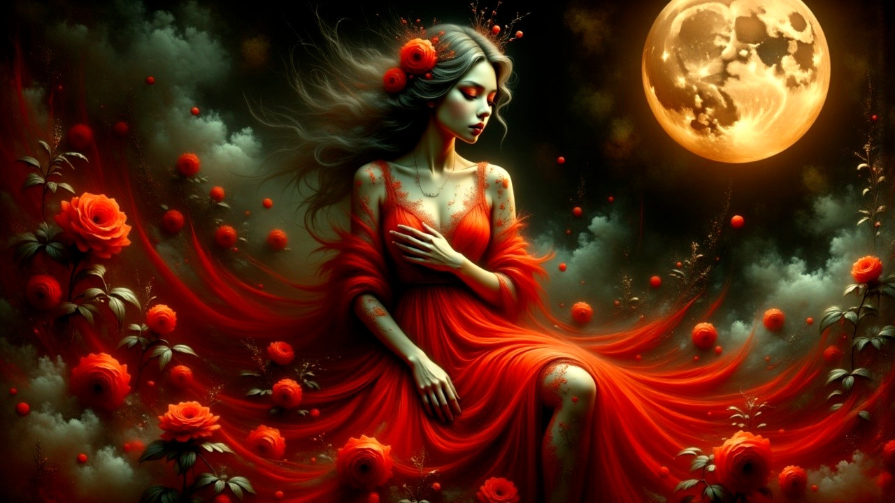 Mystical figure in red gown among vibrant roses