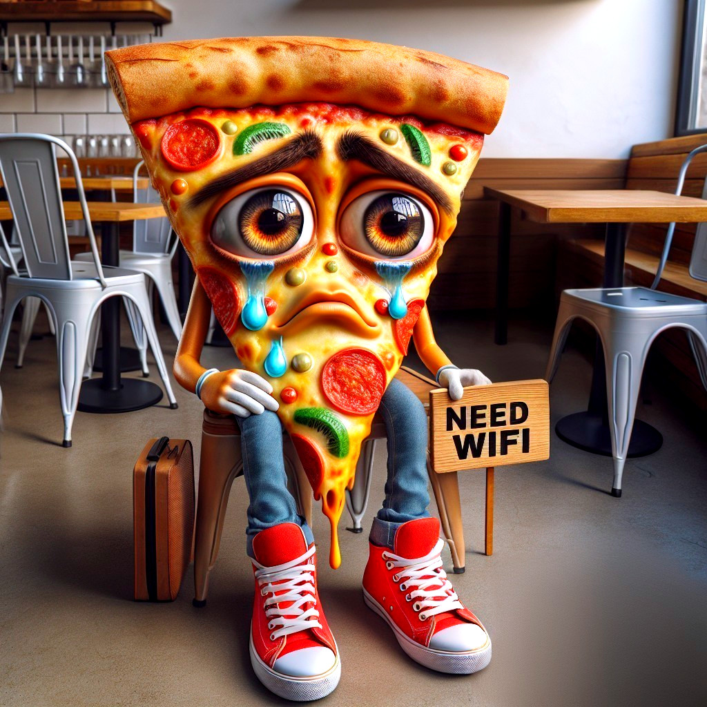 Cartoon Pizza Character in Cozy Café Setting