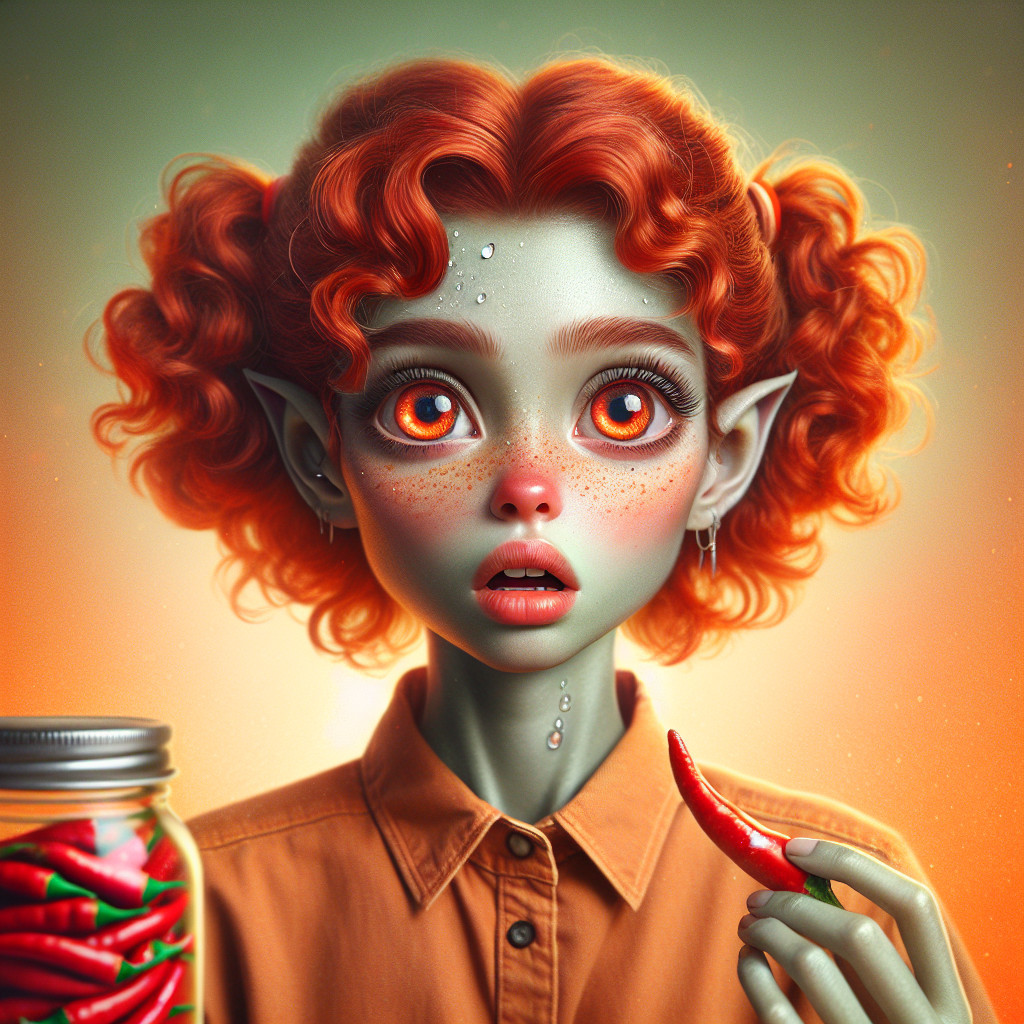Young girl with red hair and green skin holds chili pepper