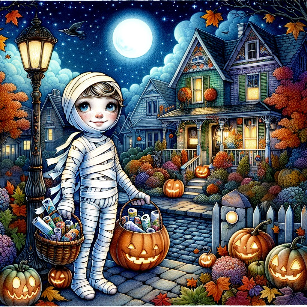Whimsical Halloween Scene with Mummy Child and Treats