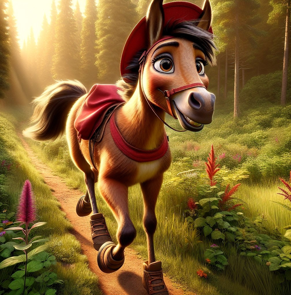 Cheerful cartoon horse on a sunlit forest path