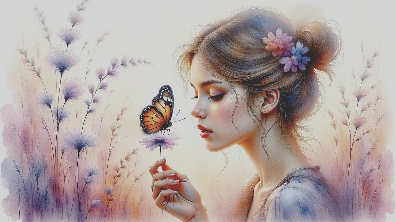 Serene Illustration of Woman with Flowers and Butterfly