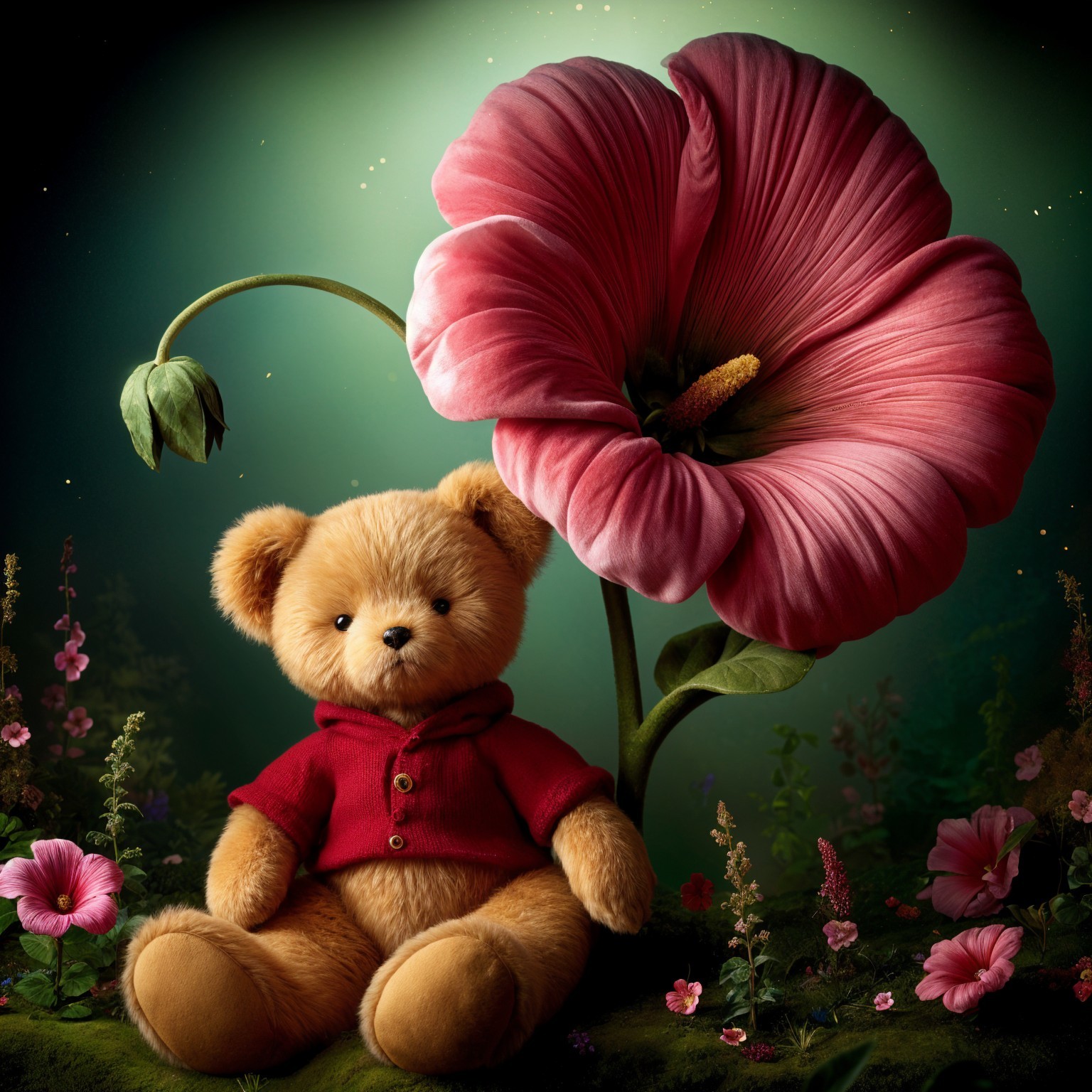 Fluffy Teddy Bear Next to a Large Pink Flower