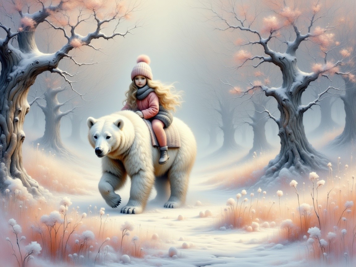 Whimsical Winter Scene of Girl on Polar Bear