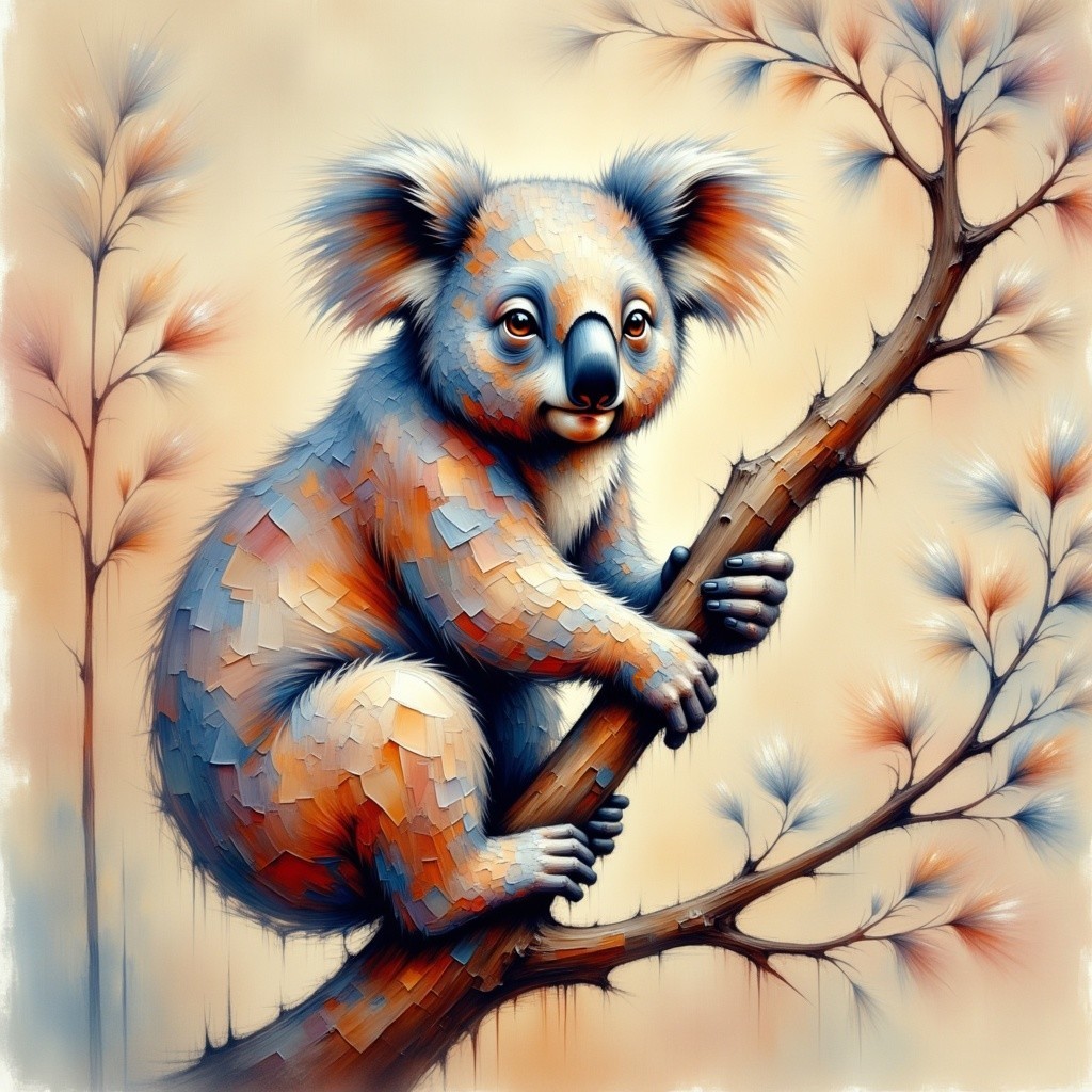Whimsical koala on branch with textured fur and leaves