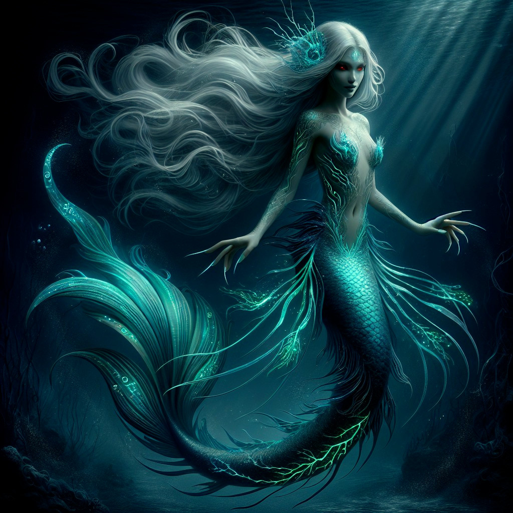 Mermaid with Silver Hair and Bioluminescent Tail