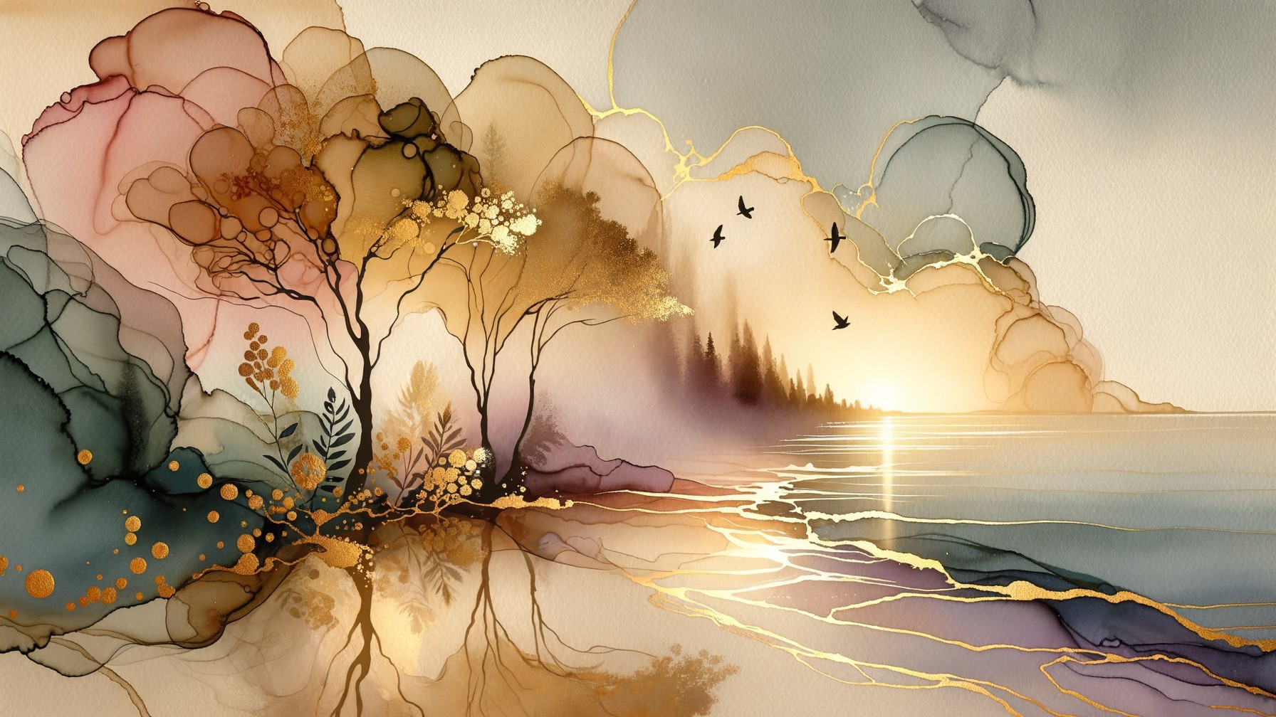 Ethereal Watercolor Landscape at Sunset with Trees