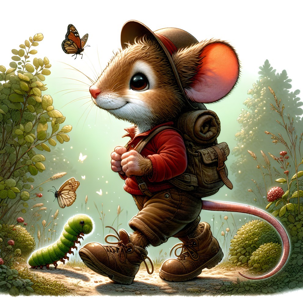 Cheerful Mouse in Forest with Butterflies and Caterpillar