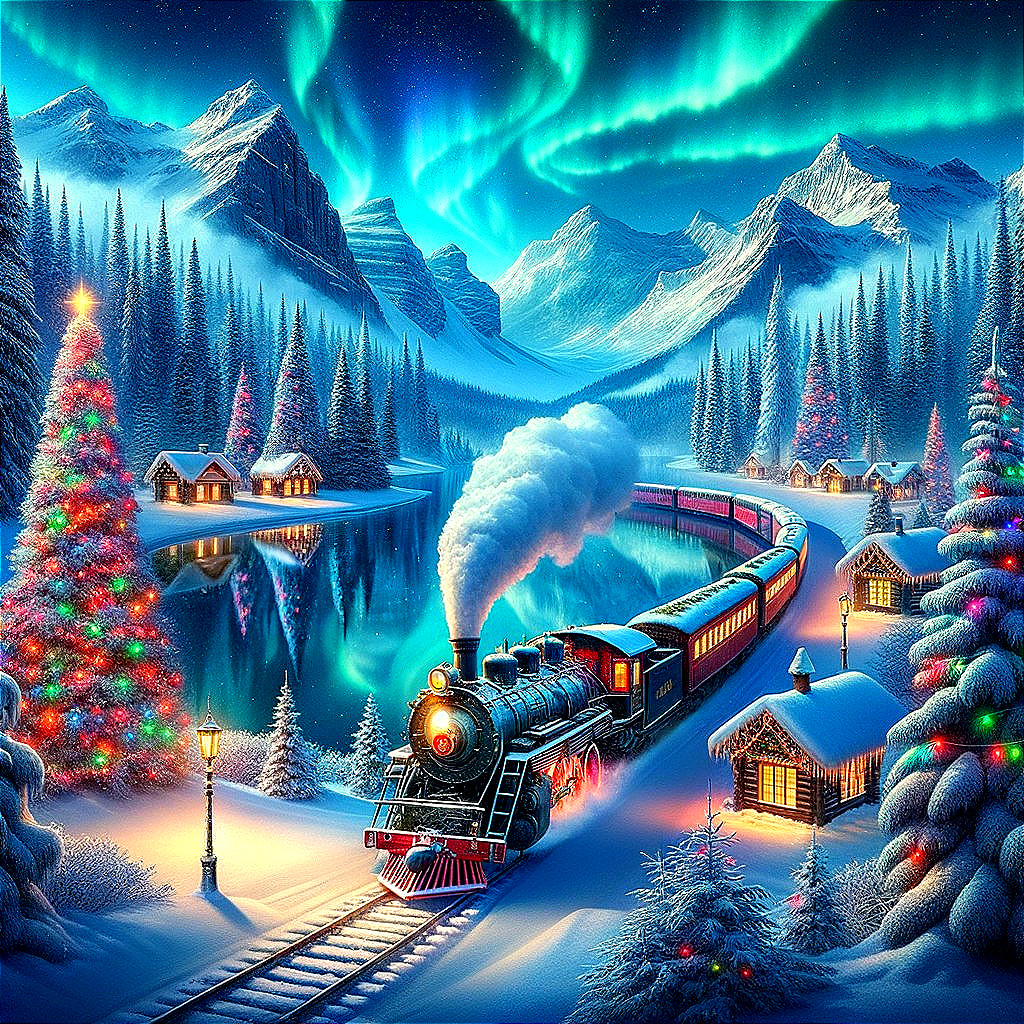 Winter Scene with Steam Train and Northern Lights
