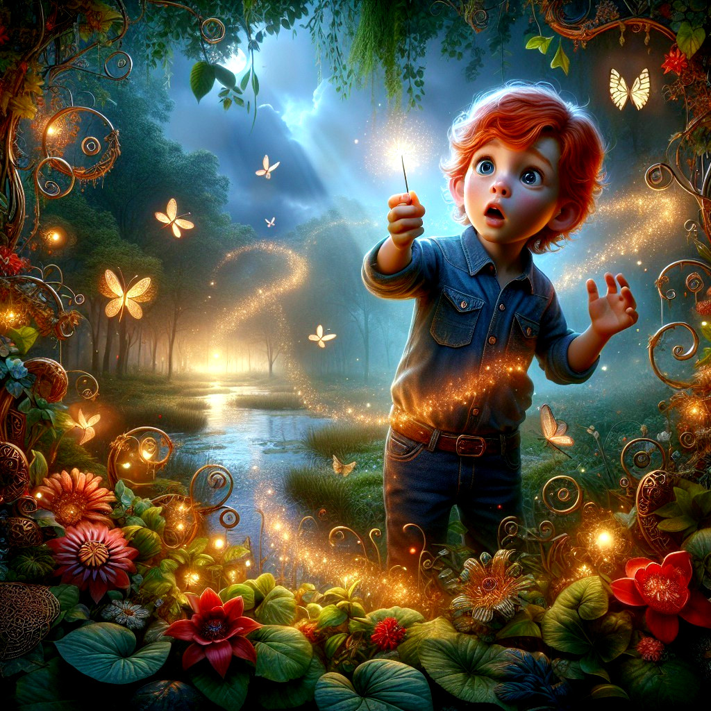 Mystical Forest Scene with Boy and Ethereal Butterflies