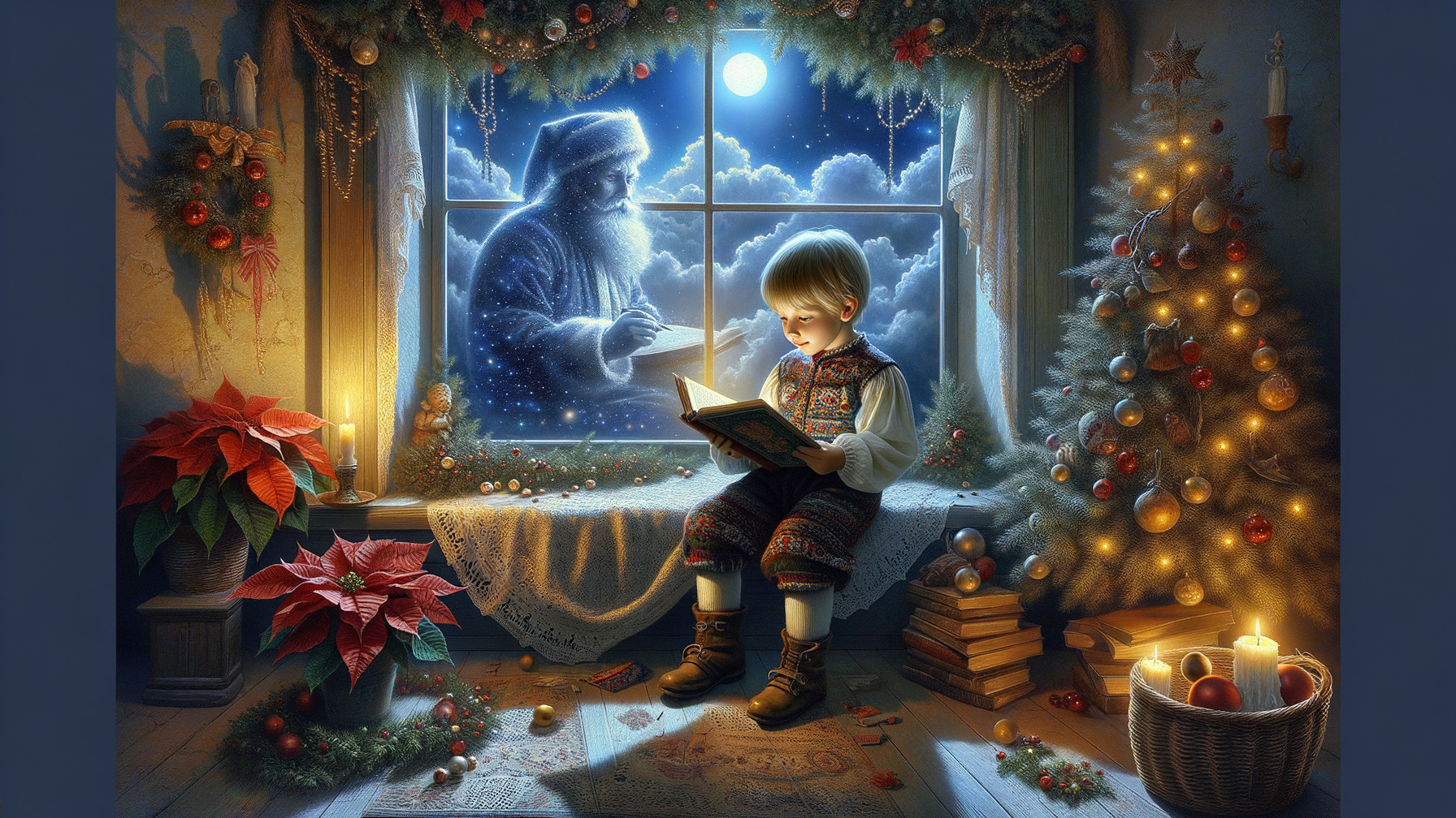 Cozy Holiday Scene with Boy Reading by Window