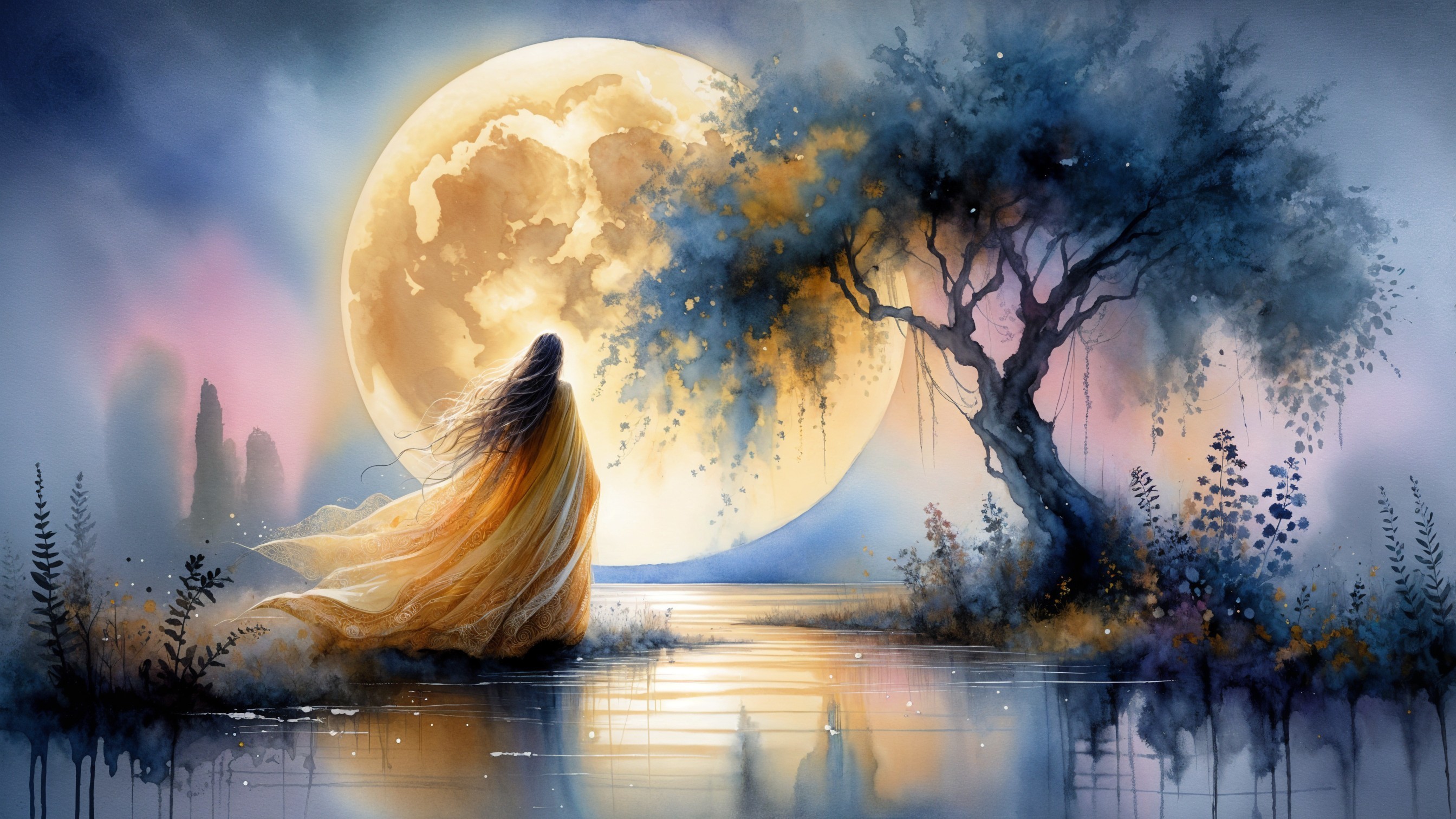 Ethereal Figure by Luminous Moon over Tranquil Lake