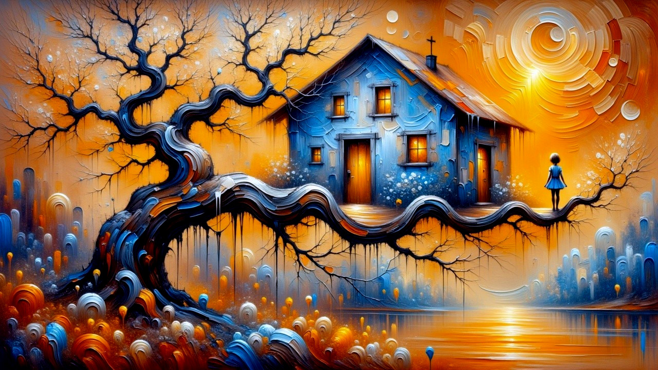 Whimsical Blue House on Twisted Tree Branch at Sunset