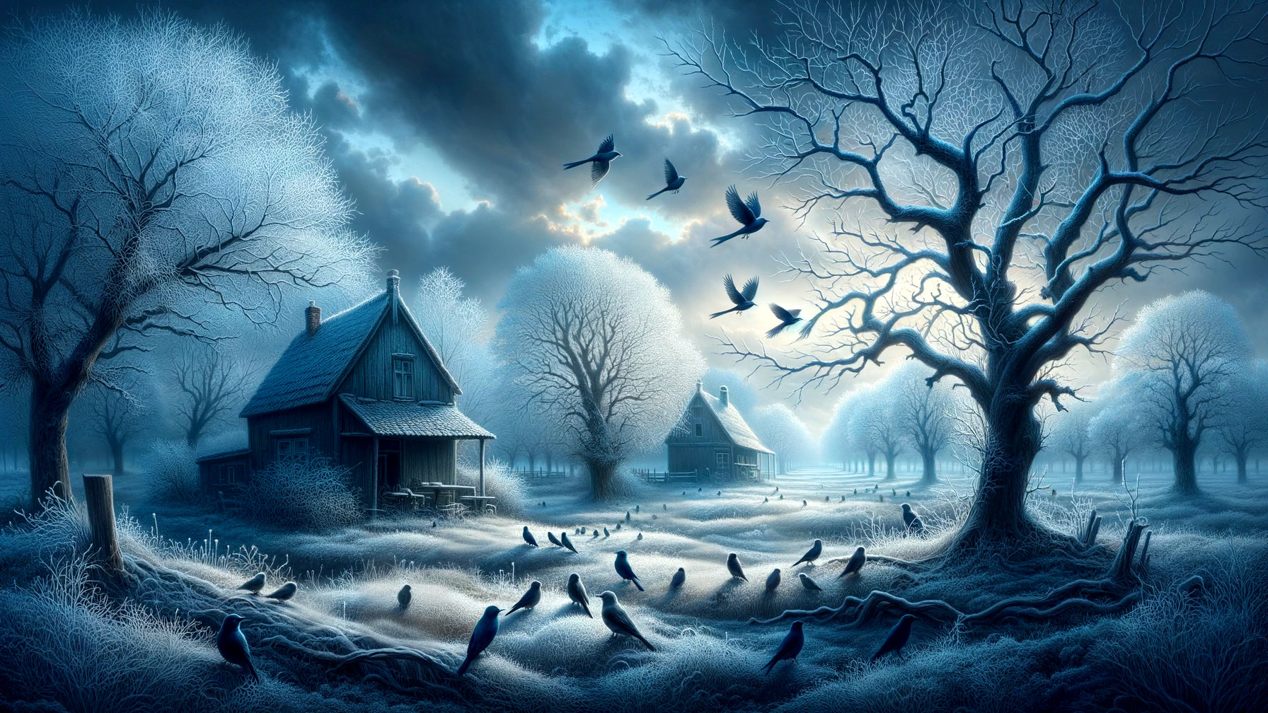 Serene winter landscape with blue hues and snow