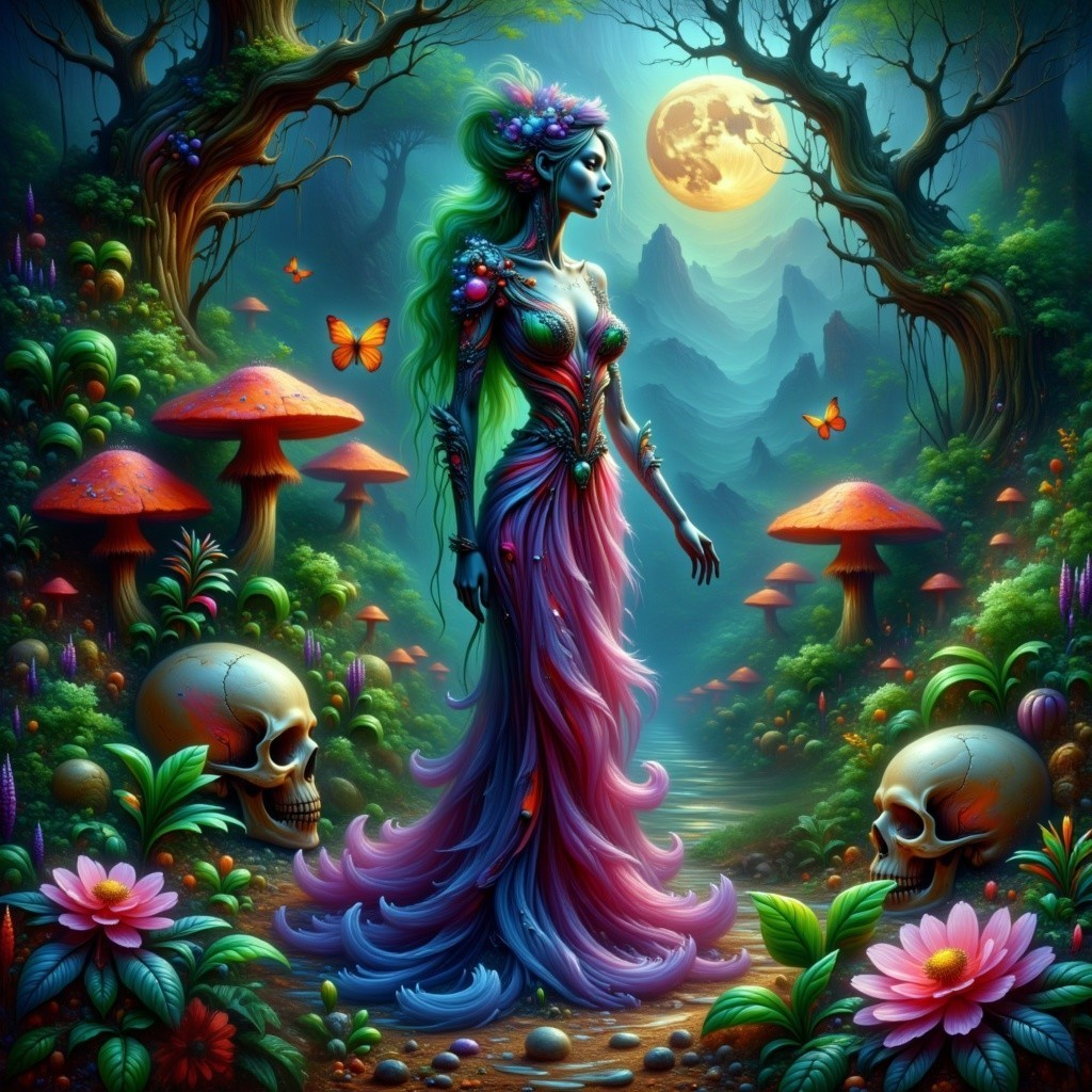 Mystical Forest Scene with Enchanting Figure and Flora