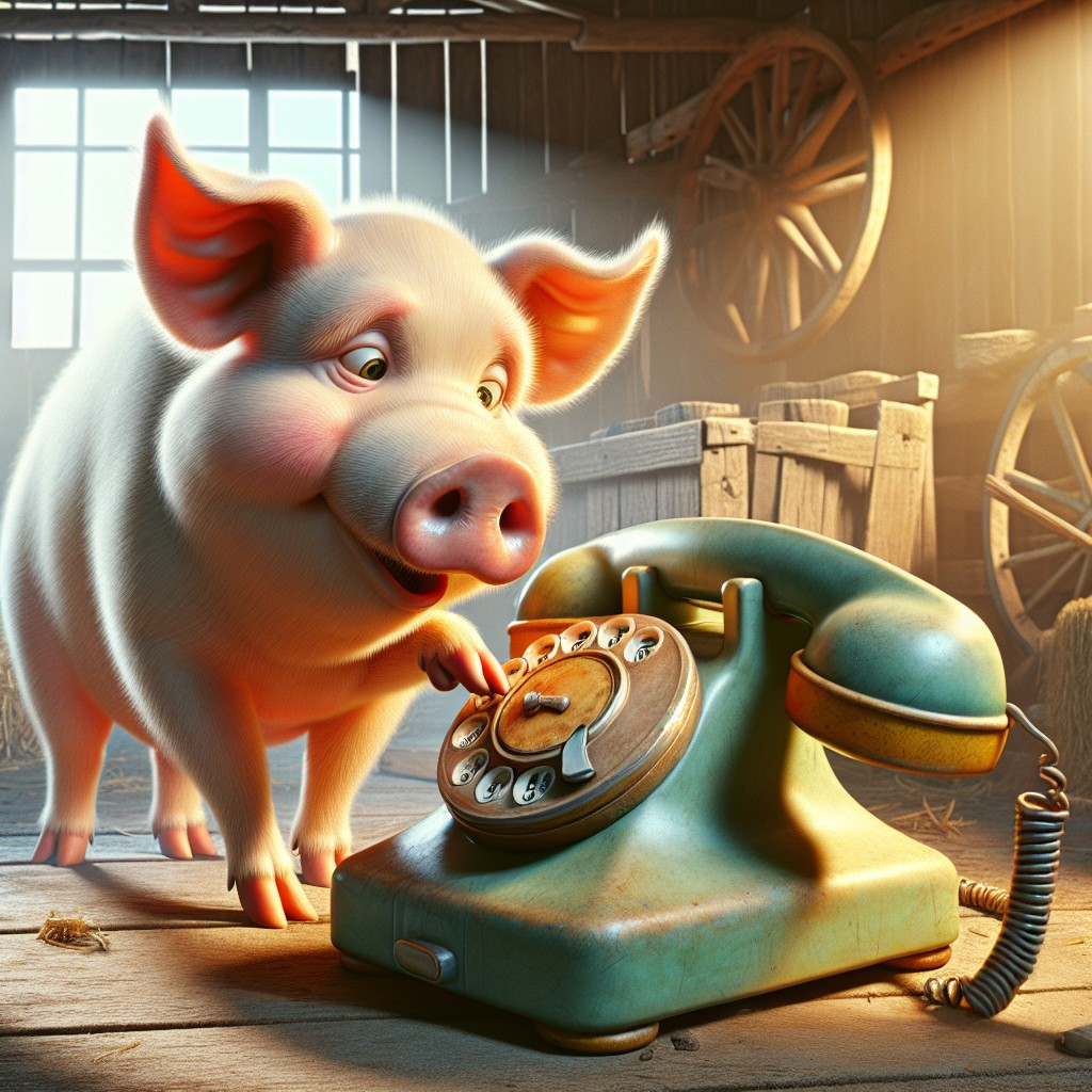 Cartoon Pig with Rotary Phone in Rustic Barn Setting