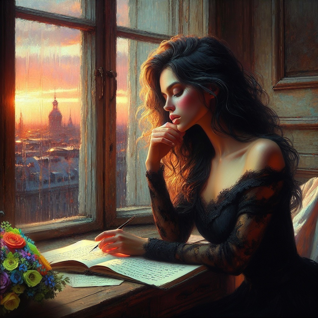 Contemplative Woman in Black Lace Dress by Window