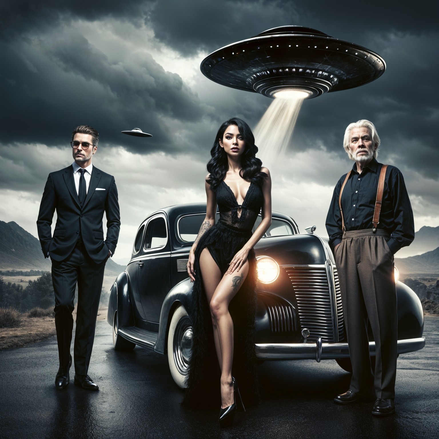 Stylish Trio Beside Vintage Car Under Stormy Sky