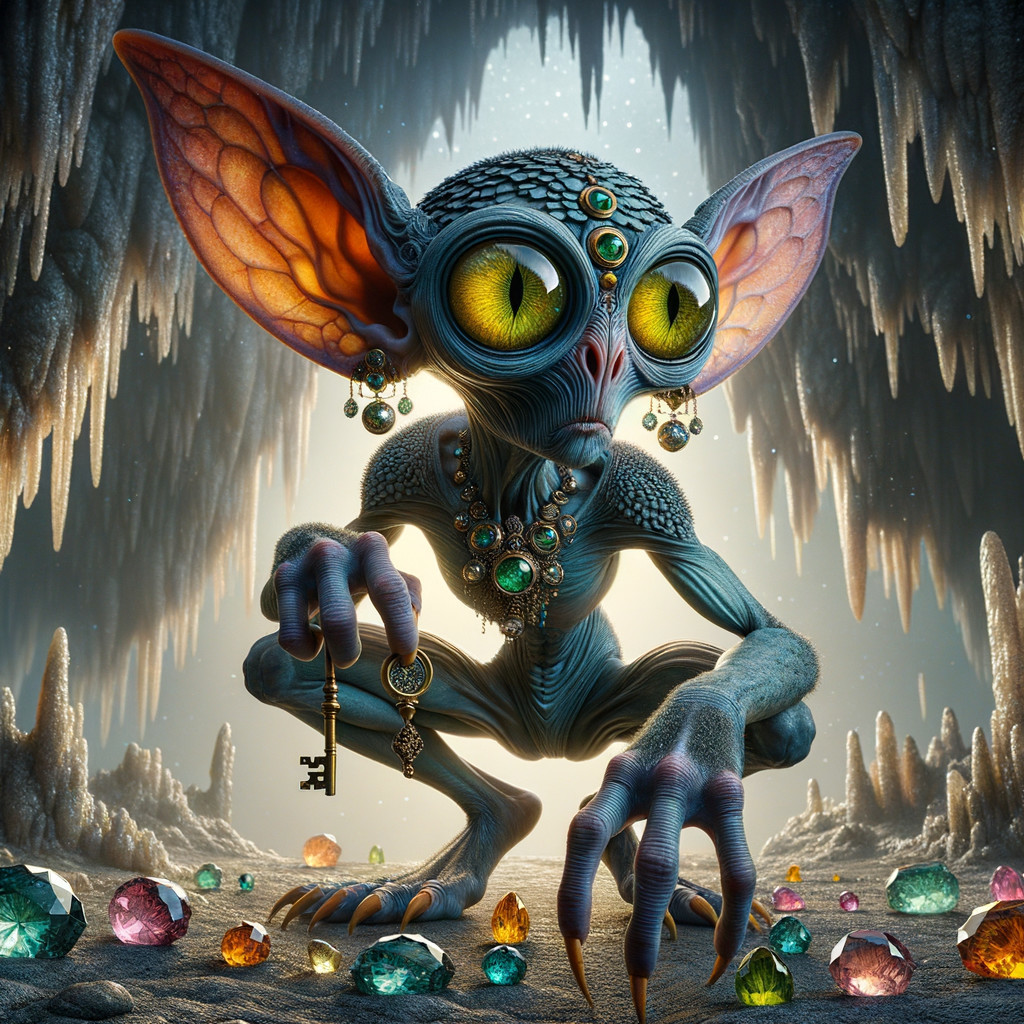 Mystical Cave with Gemstone Creature and Vintage Key