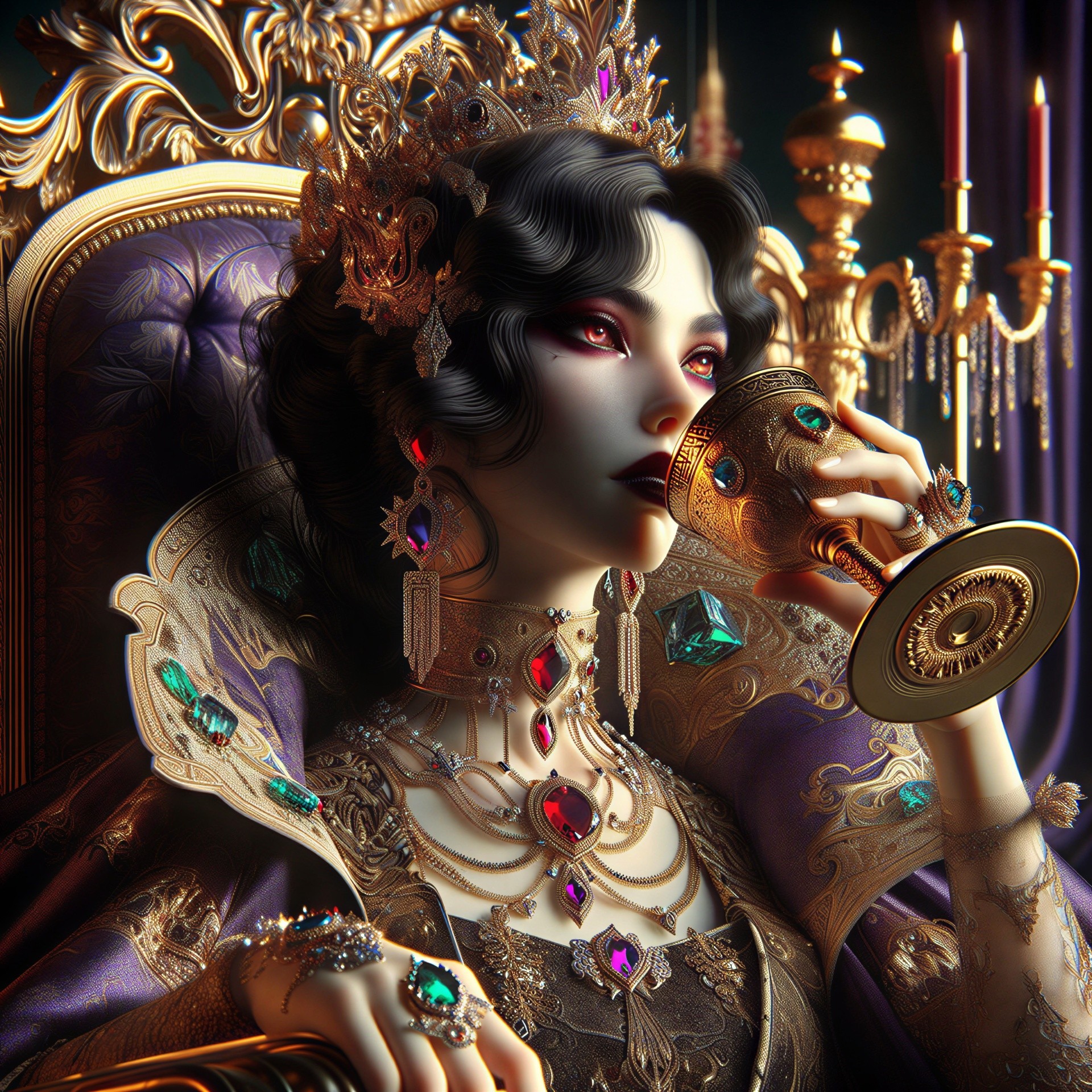 Regal Woman in Opulent Setting with Golden Crown