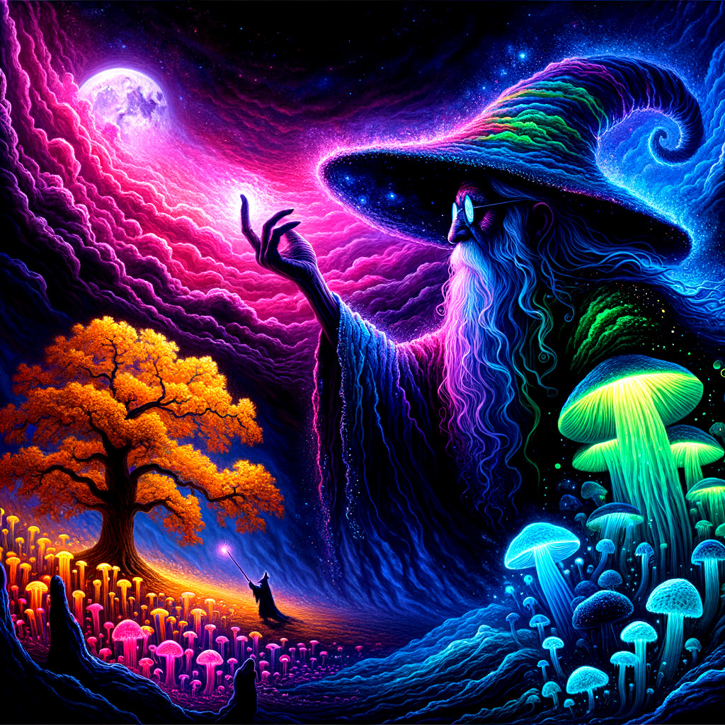 Surreal Landscape with Wizard and Luminous Elements