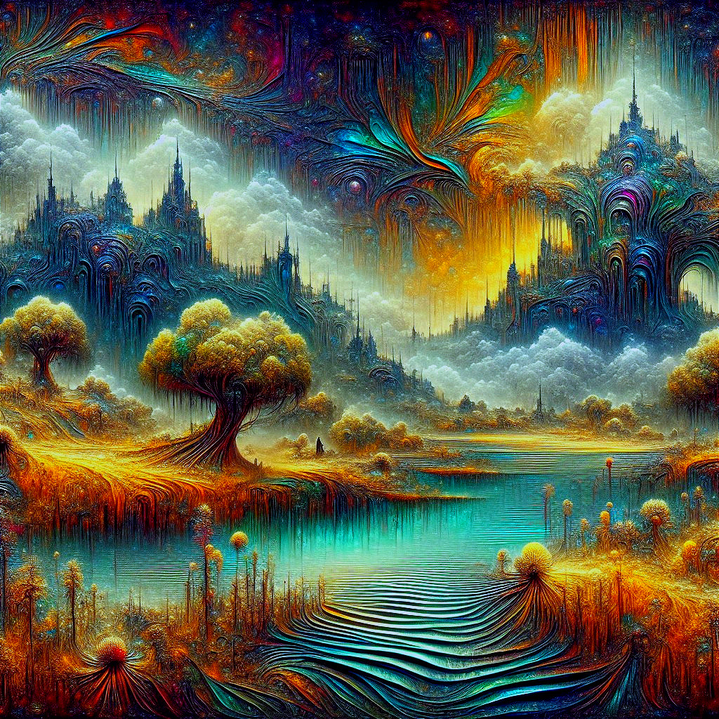 Vibrant Otherworldly Landscape with Kaleidoscopic Elements