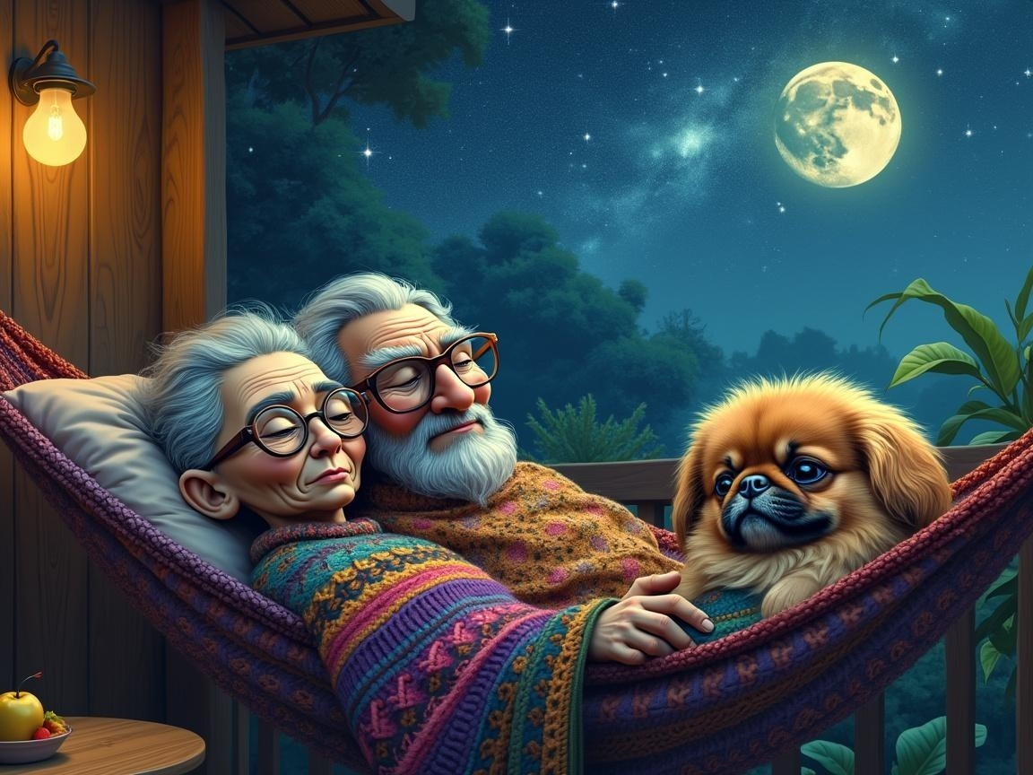 Elderly Couple in Hammock Under Starry Night Sky