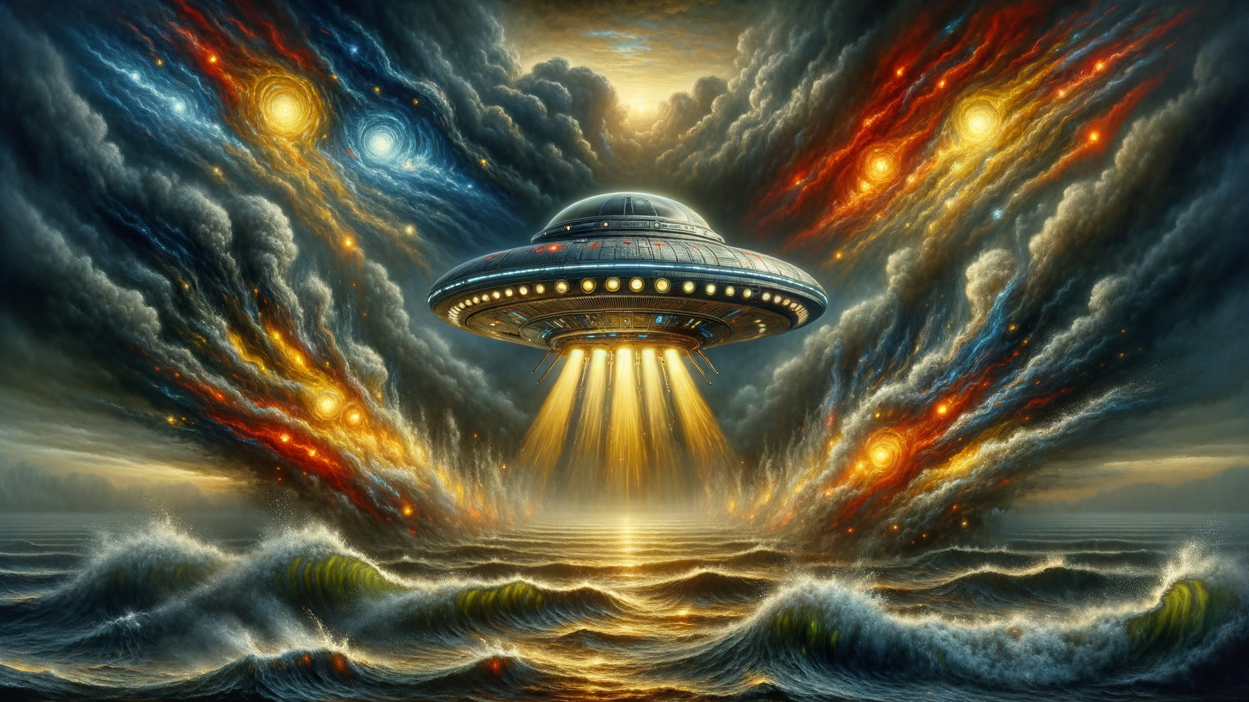 UFO Over Churning Ocean in Vibrant Oil Painting