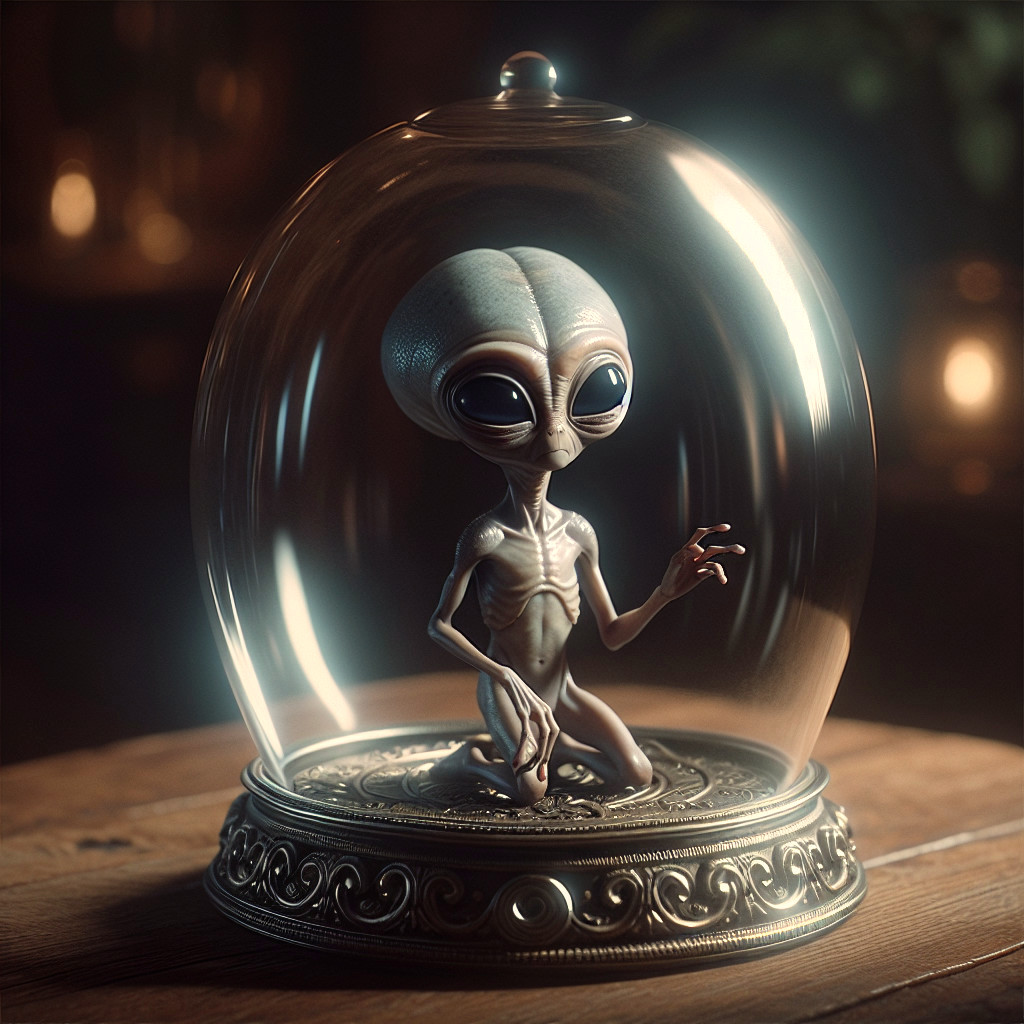 Alien Figure Under Glass Dome with Ambient Glow