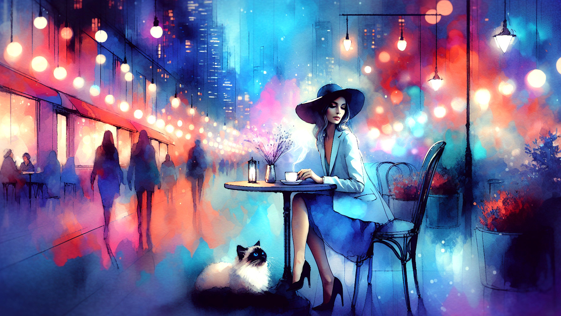 Vibrant Nighttime Street Scene with Stylish Woman and Cat