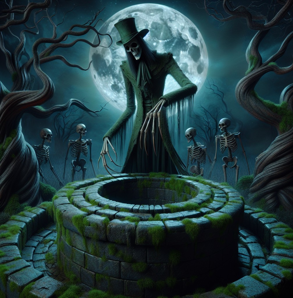 Eerie Scene of a Skeletal Figure by a Stone Well