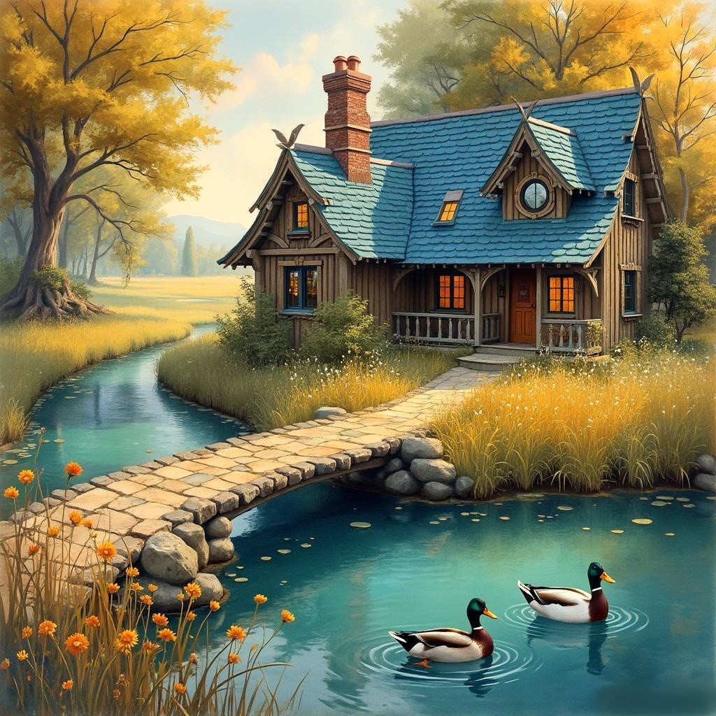Charming Cottage by a Tranquil Stream in Autumn