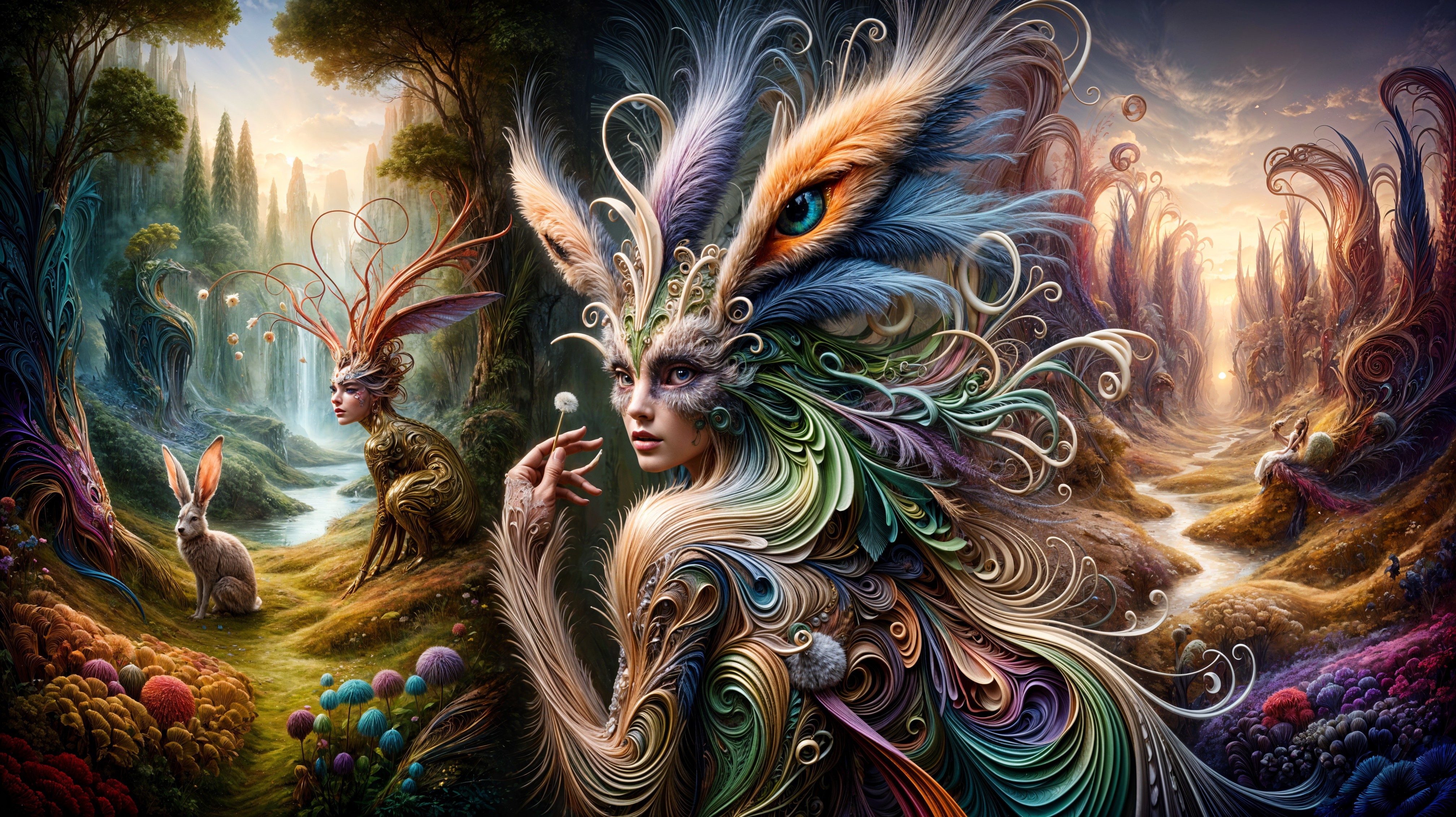 Vibrant Fantastical Landscape with Ethereal Figures