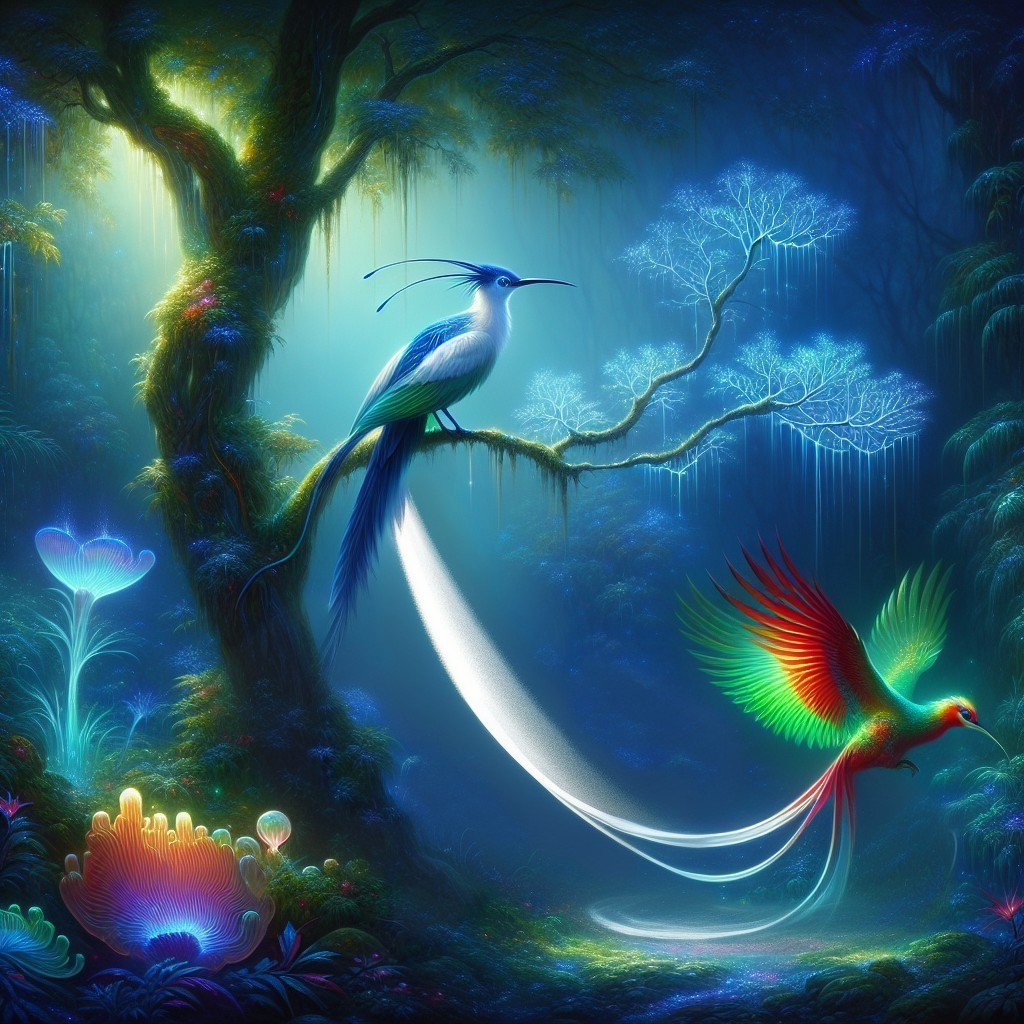 Vibrant Birds in a Mystical Bioluminescent Forest
