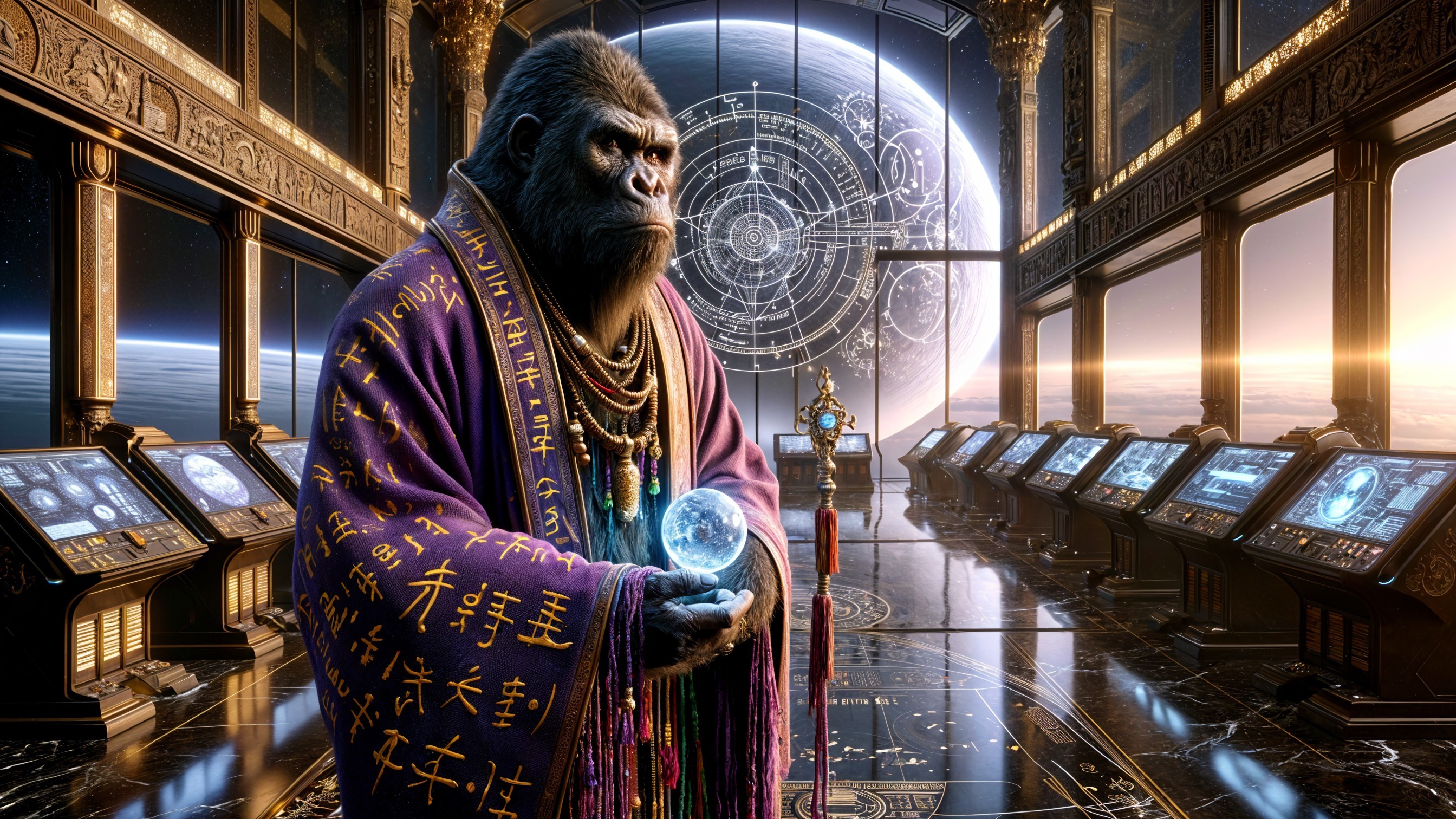 Futuristic Chamber with Wise Gorilla and Crystal Ball