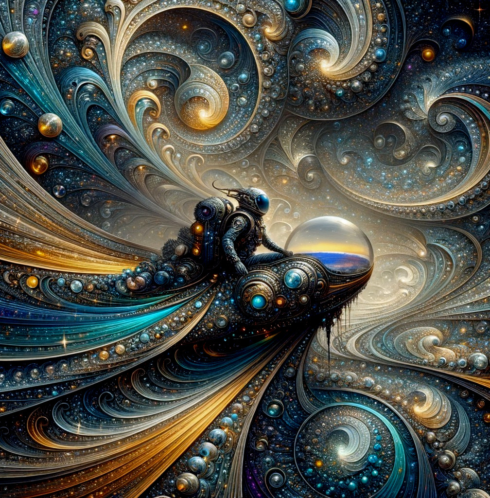 Surreal Cosmic Scene with Astronaut and Fractal Waves