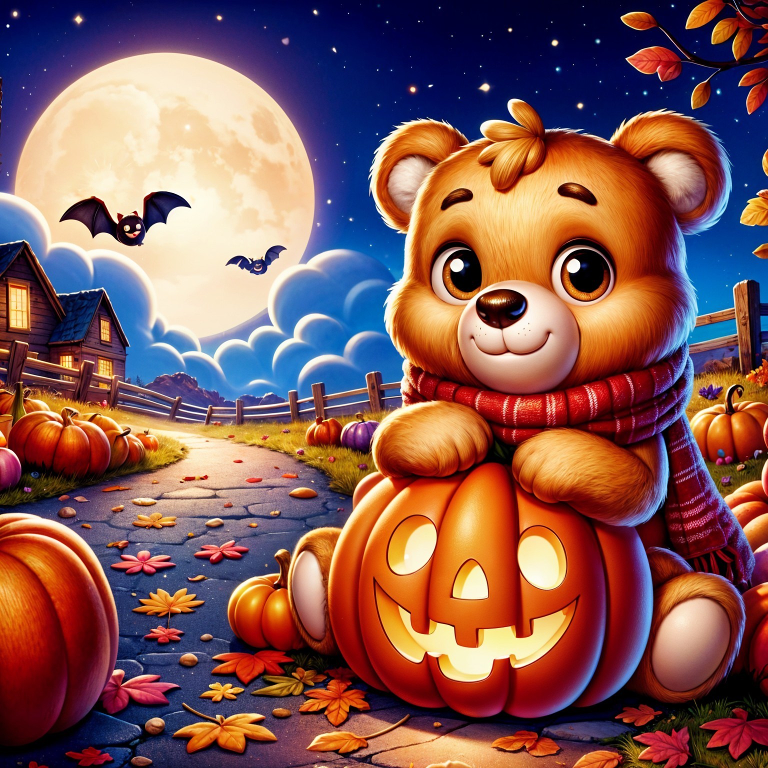 Whimsical Autumn Scene with Bear and Pumpkins