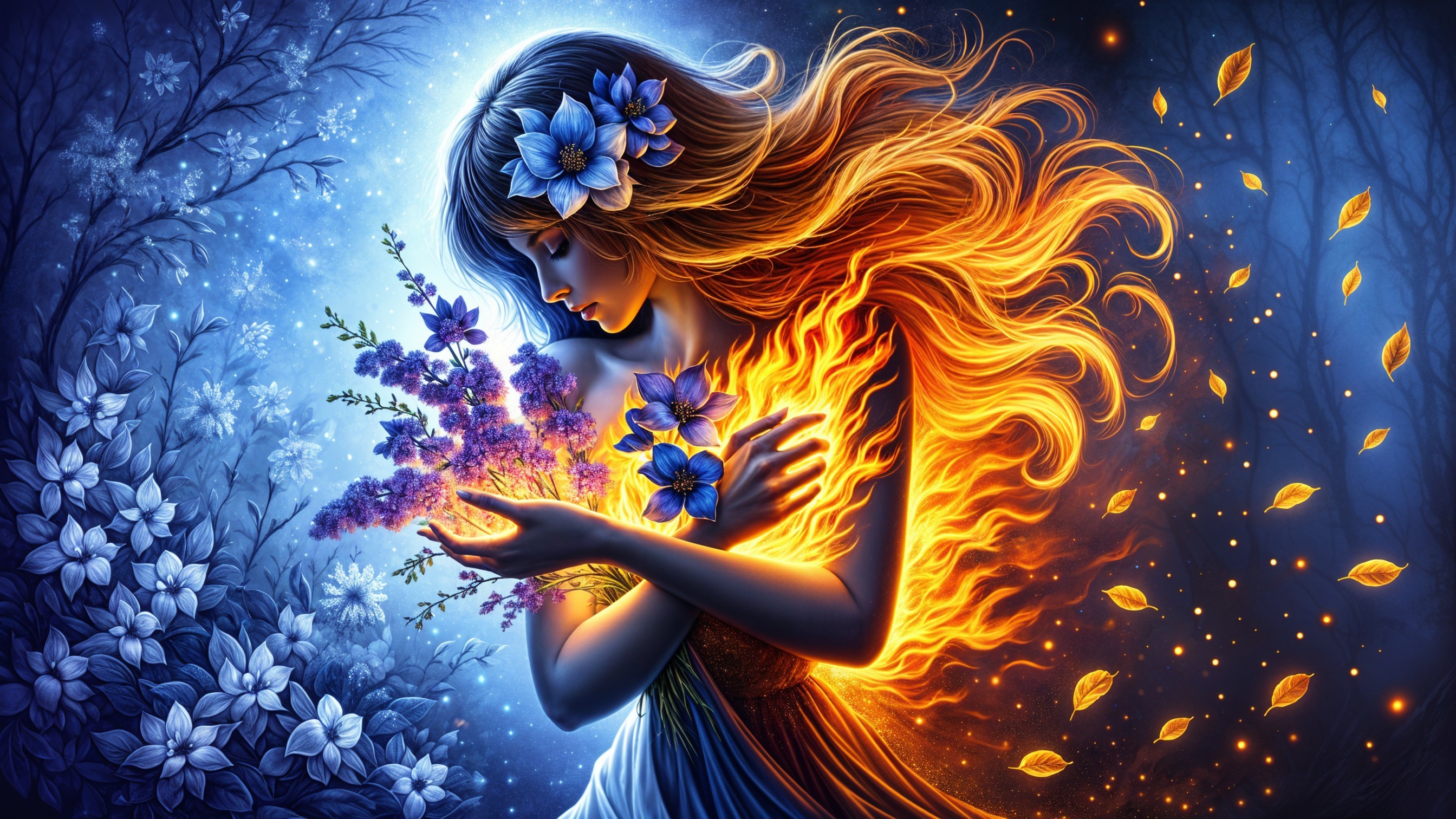 Figure Merging Fire and Nature with Floral Elements