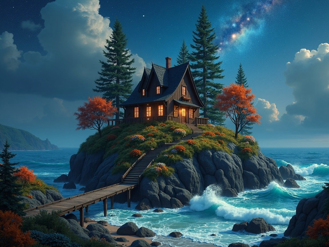 Cozy House on Rocky Island Surrounded by Autumn Trees