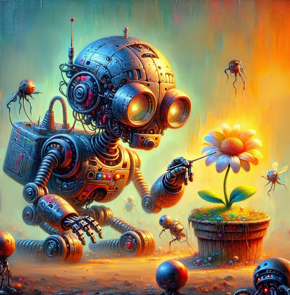 Whimsical Robot Holding Flower in Dreamlike Landscape