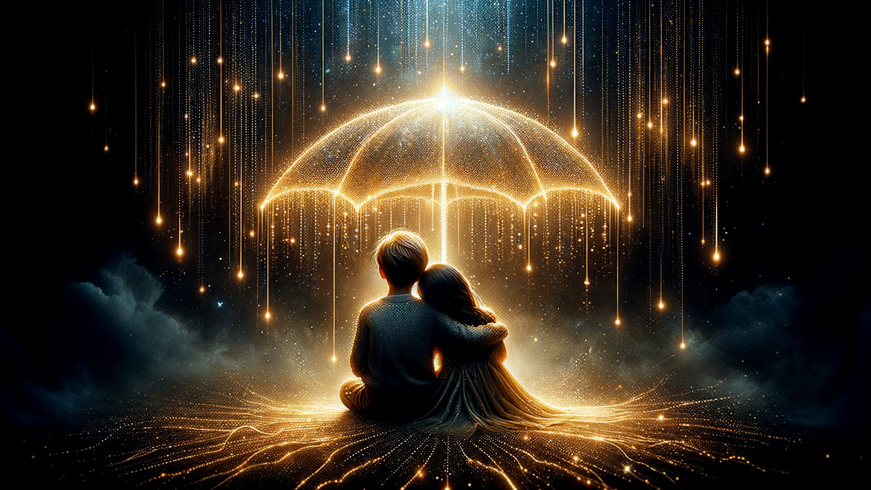 Magical Scene of Two Figures Under a Golden Umbrella
