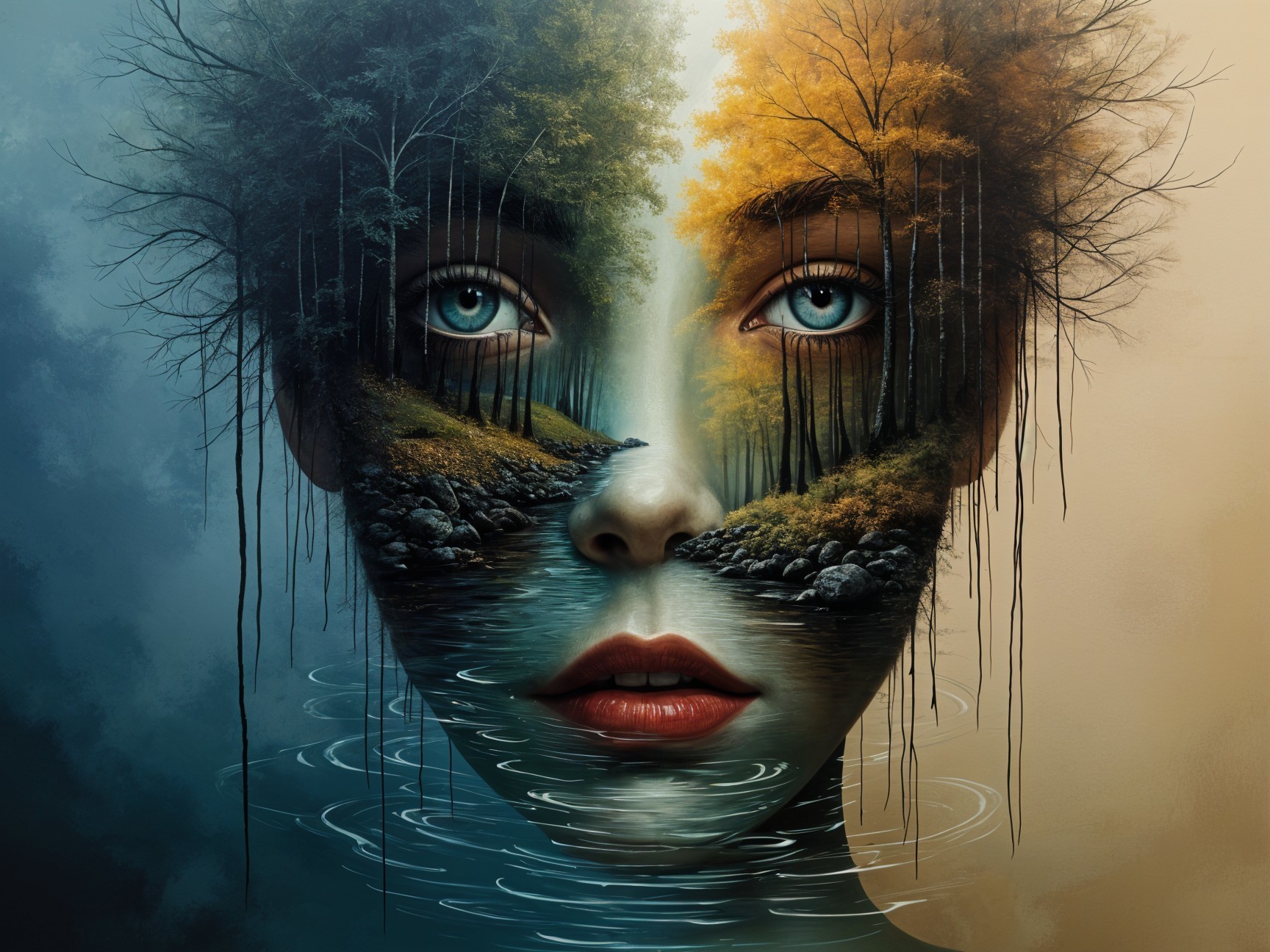Portrait of a Woman with Nature's Dual Landscapes