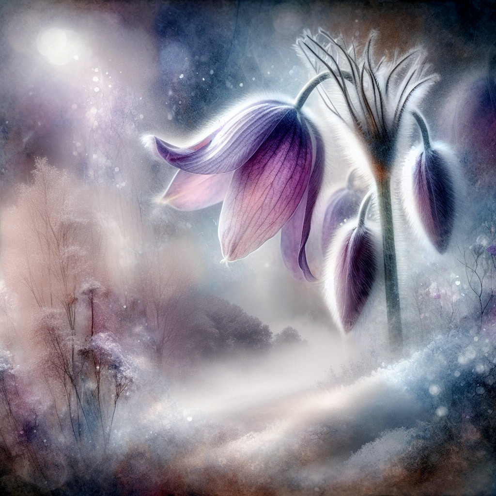 Dreamy Landscape with Ethereal Purple Flowers and Mist
