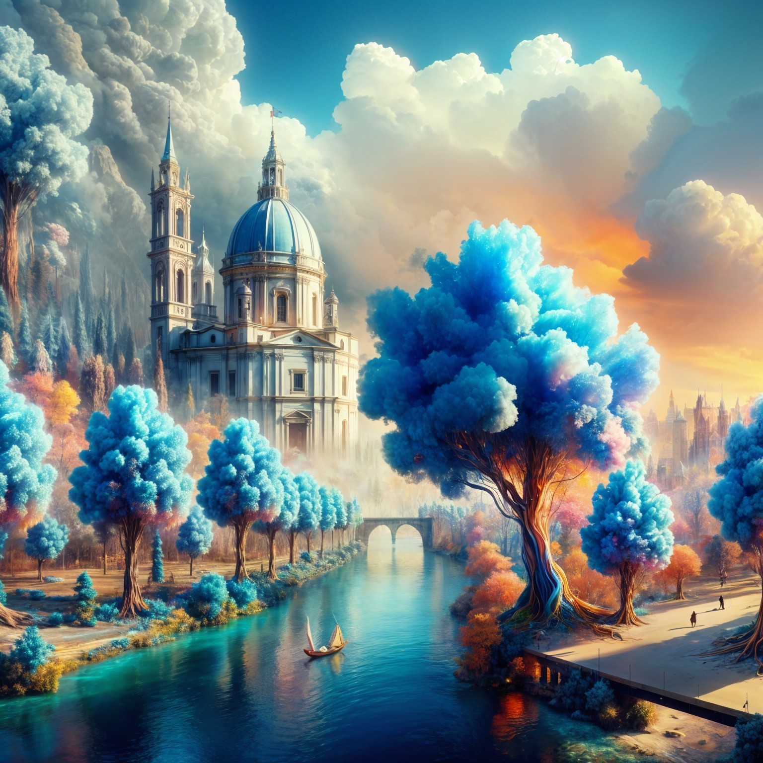 Surreal Landscape with Blue Trees and Cathedral