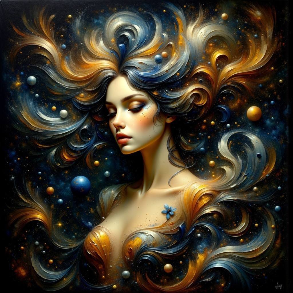 Woman with Galaxy-Inspired Hair in Cosmic Setting