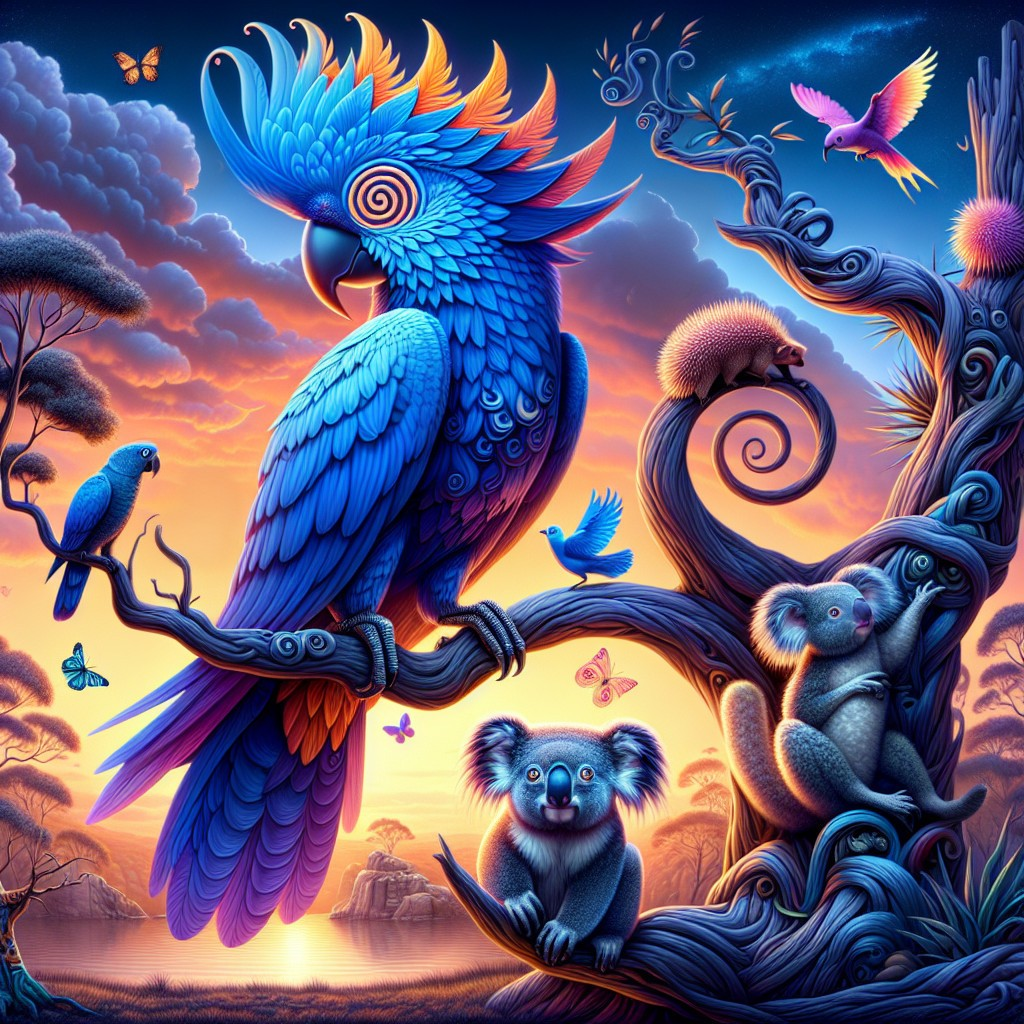 Vibrant Scene with Blue Parrot and Sunset Landscape